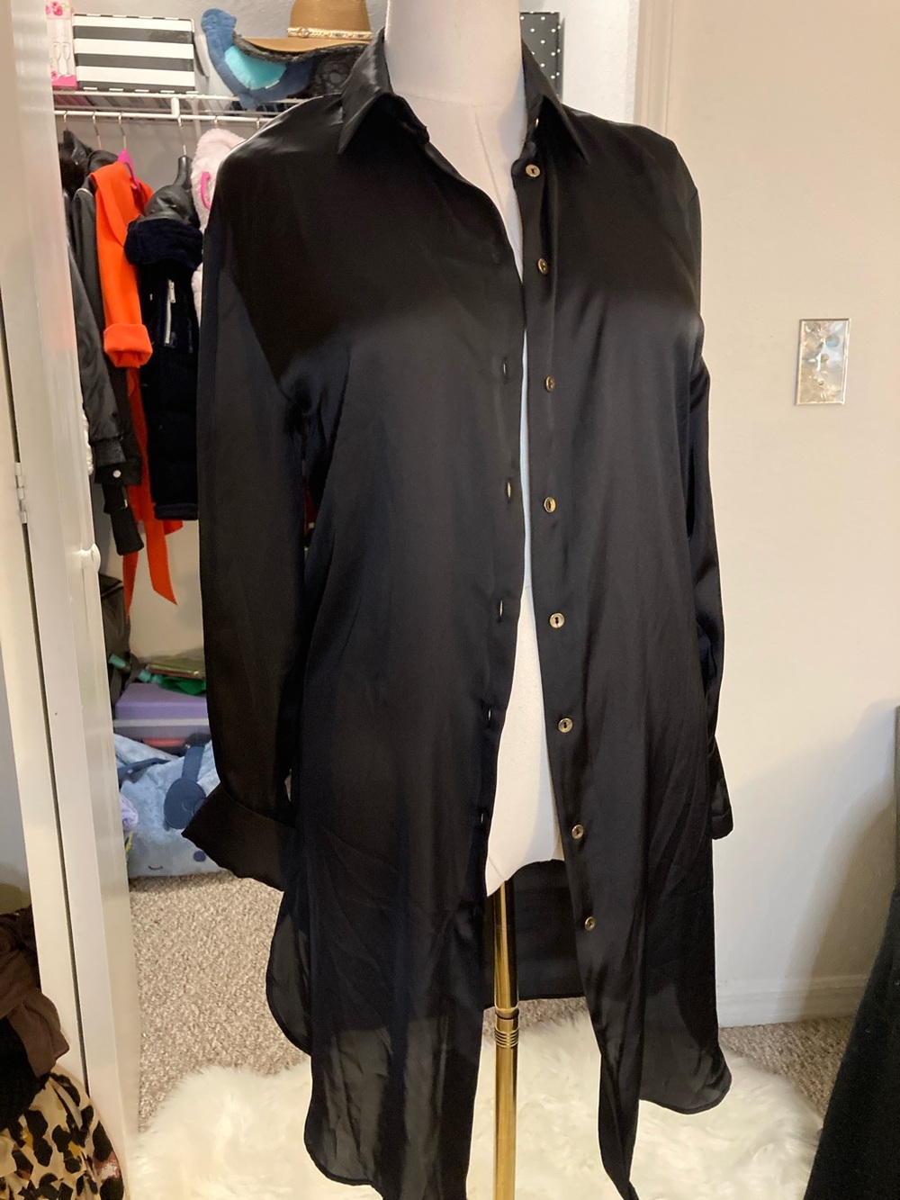 Zara Black Satin Midi Shirt Dress